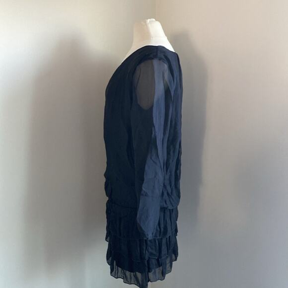 Tiered Drop Waist Dress Womens Sz 4 Black Mini Sheer Sleeve LBD - Picture 5 of 8